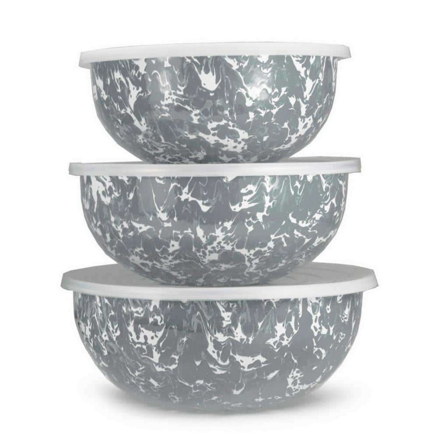 Baking Supplies * | Grey Swirl 3-Piece Enamelware Mixing Bowl Set With Lids By Golden Rabbit