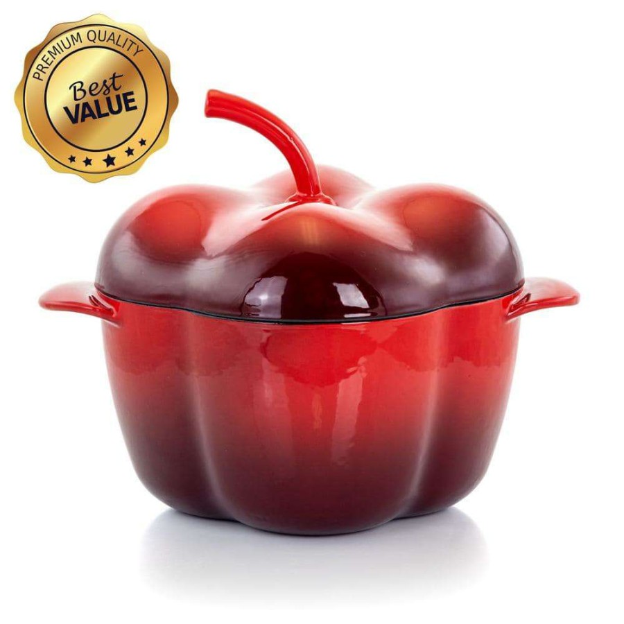 Casserole Dishes * | 3 Qt. Pepper Shaped Enameled Cast Iron Casserole In Red By Megachef