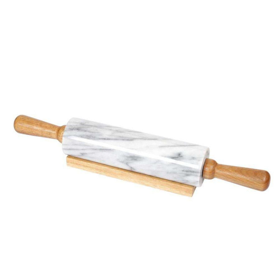 Baking Supplies * | Deluxe 18 In. Natural White Marble Rolling Pin With Wood Handles And Cradle By Creative Home