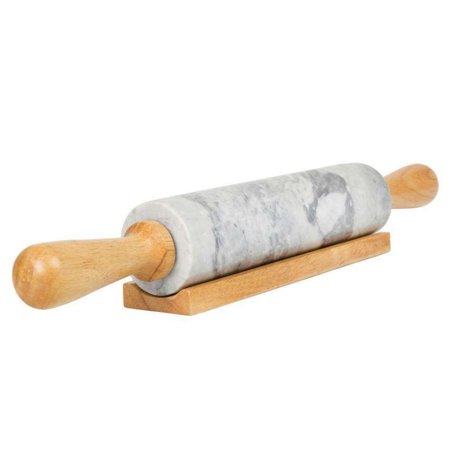 Baking Supplies * | Deluxe 18 In. Natural White Marble Rolling Pin With Wood Handles And Cradle By Creative Home