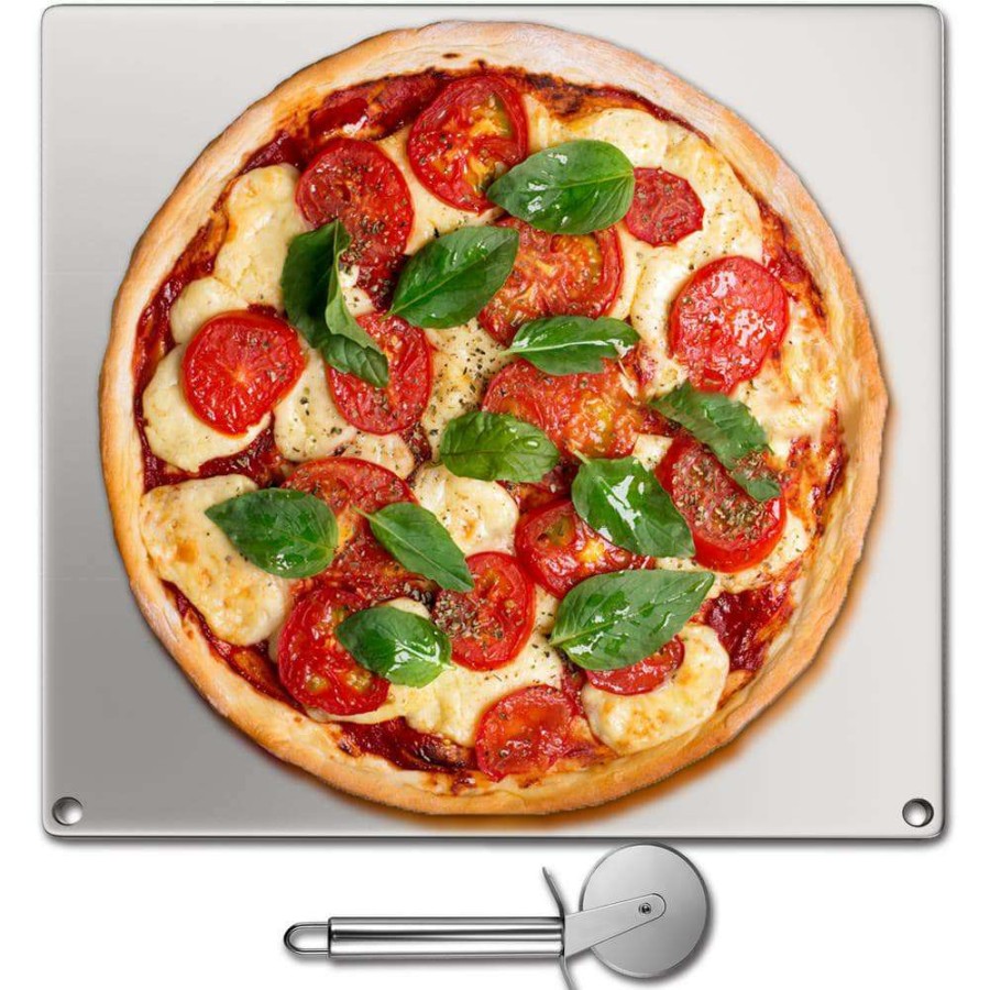 Pizza Pans * | Steel Pizza Plate 14 In. X 14 In. X 0.4 In. High-Performance Square Pizza Pan With Wheel Cutter For Grill, Silver By Vevor