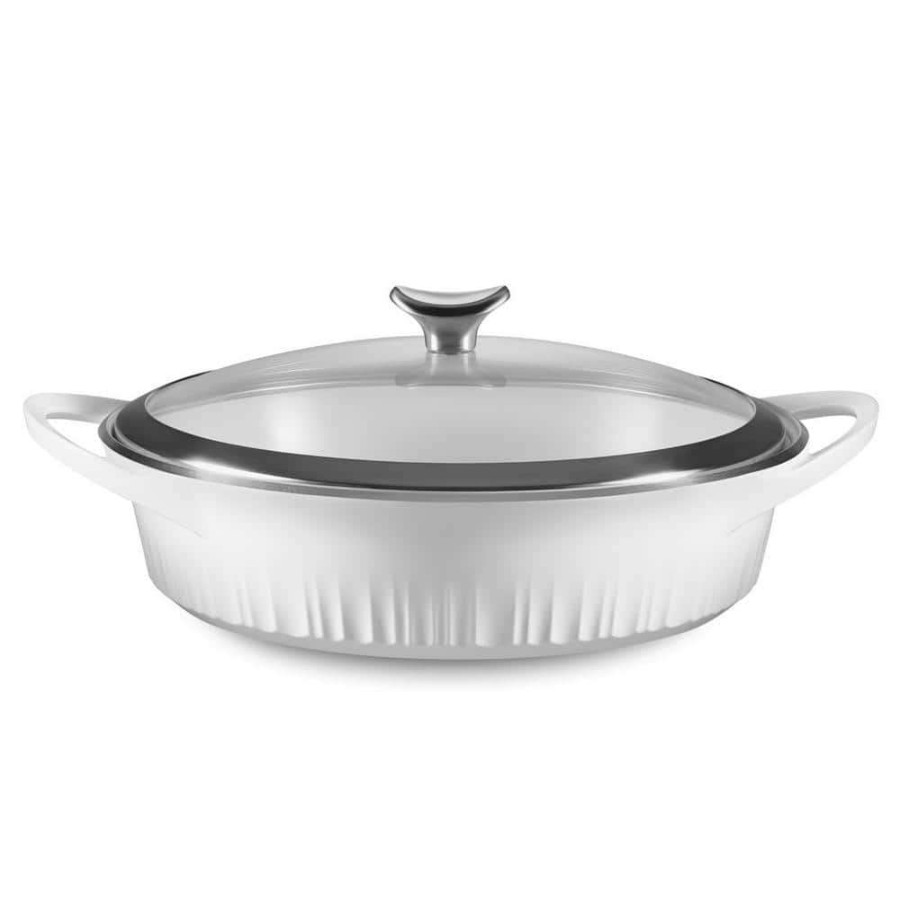 Baking Dishes * | 4 Qt. Cast Aluminum White Braiser With Lid By Corningware