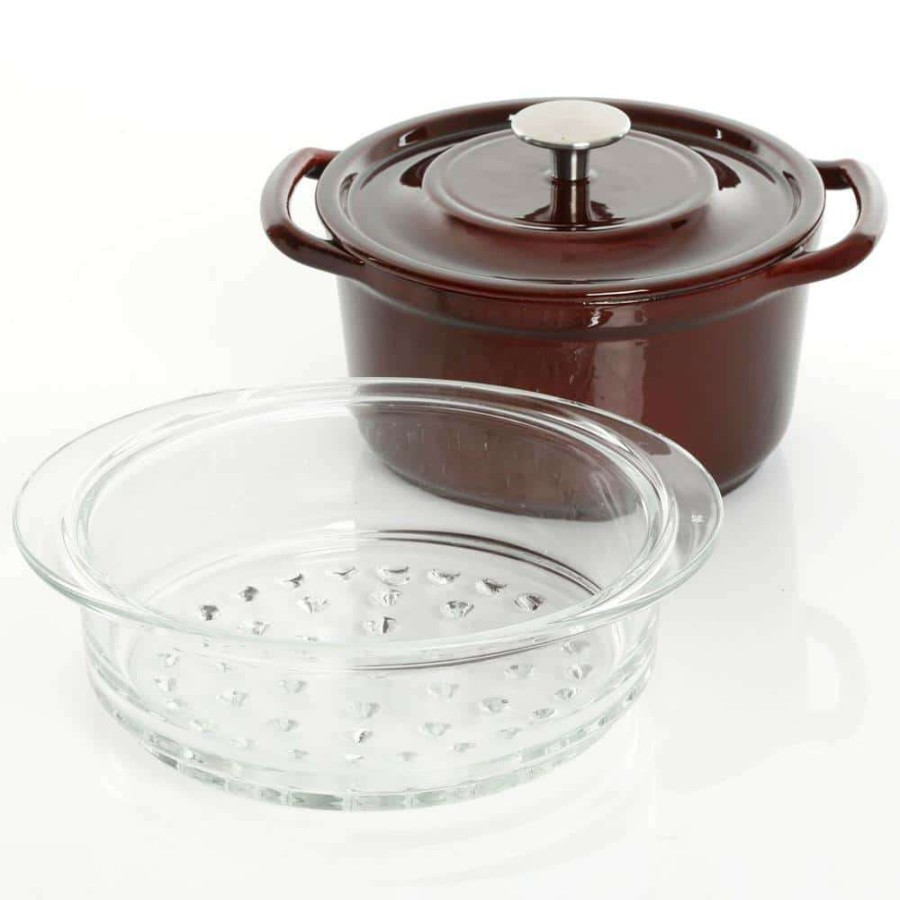 Casserole Dishes * | Oak Park 3 Qt. Enameled Cast Iron Casserole With Lid And Glass Steamer In Brown By Kenmore Elite