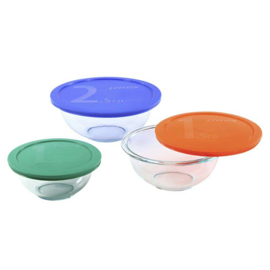 Baking Supplies * | Smart Essentials 6-Piece Glass Mixing Bowl Set With Assorted Colored Lids By Pyrex