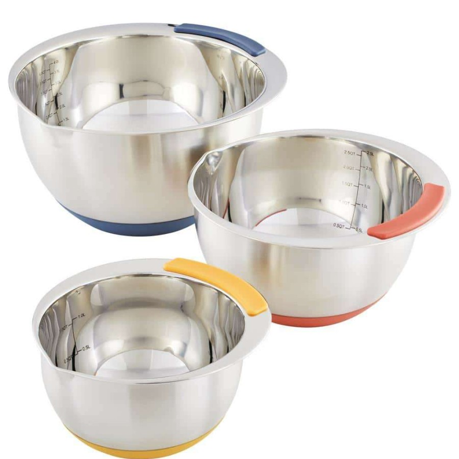 Baking Supplies * | Pantryware Stainless Steel Nesting Mixing Bowls Set, 3-Piece, Silver With Color Accent Handles By Ayesha Curry