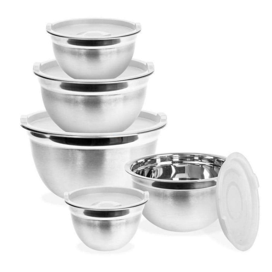 Baking Supplies * | Stainless Steel Nested Mixing Bowls With White Lids (Set Of 5) By Lexi Home