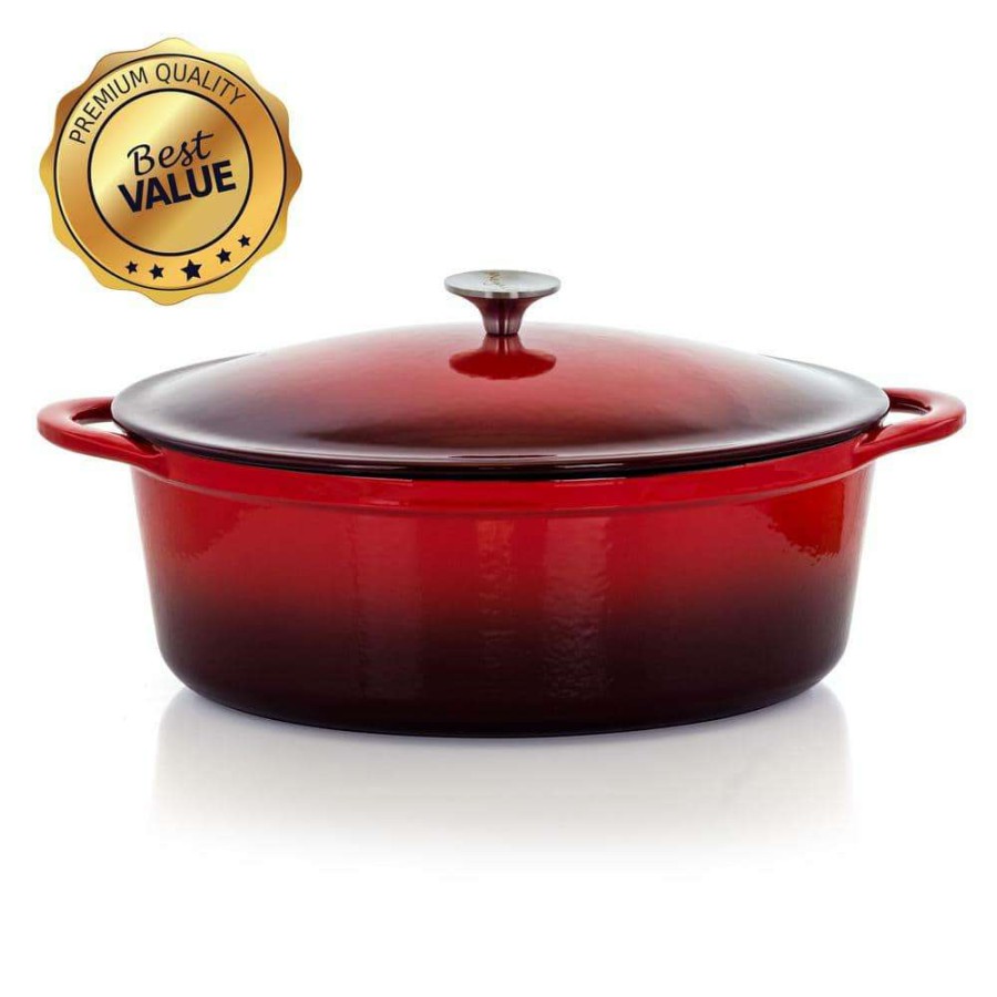 Casserole Dishes * | Artisan 7 Qt. Oval Enameled Cast Iron Nonstick Casserole Dish In Gradient Red With Lid By Megachef