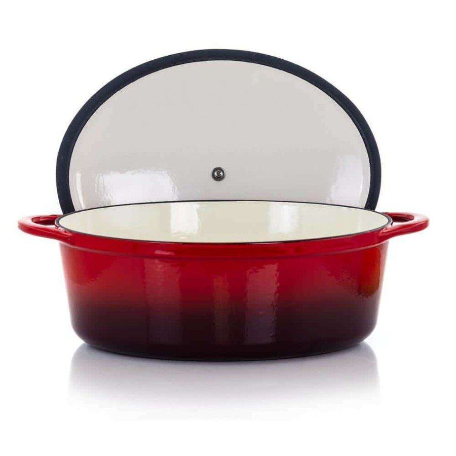 Casserole Dishes * | Artisan 7 Qt. Oval Enameled Cast Iron Nonstick Casserole Dish In Gradient Red With Lid By Megachef