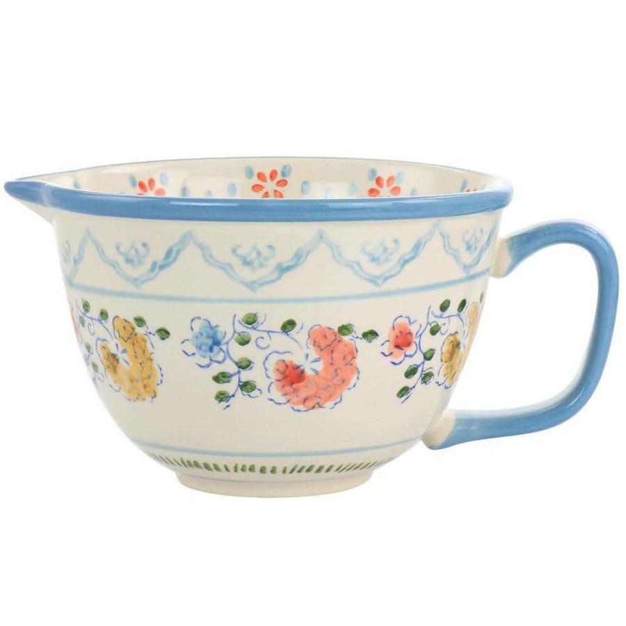 Baking Supplies * | 2 Qt. Anaya Hand Painted Floral Stoneware Batter Bowl With Blue Trim By Gibson Elite