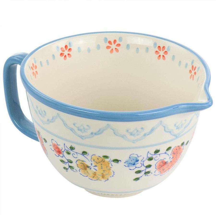 Baking Supplies * | 2 Qt. Anaya Hand Painted Floral Stoneware Batter Bowl With Blue Trim By Gibson Elite