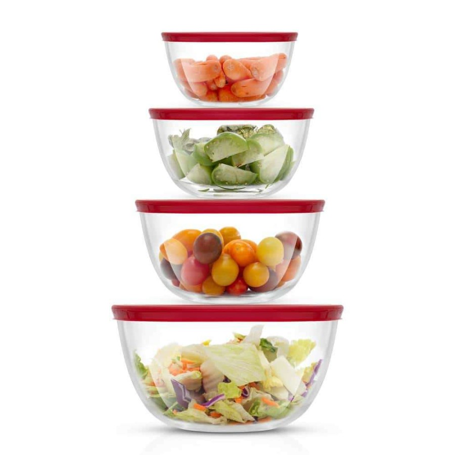 Baking Supplies * | Joyful By Joyjolt Red 4-Glass Mixing Bowls Set With Airtight Lids