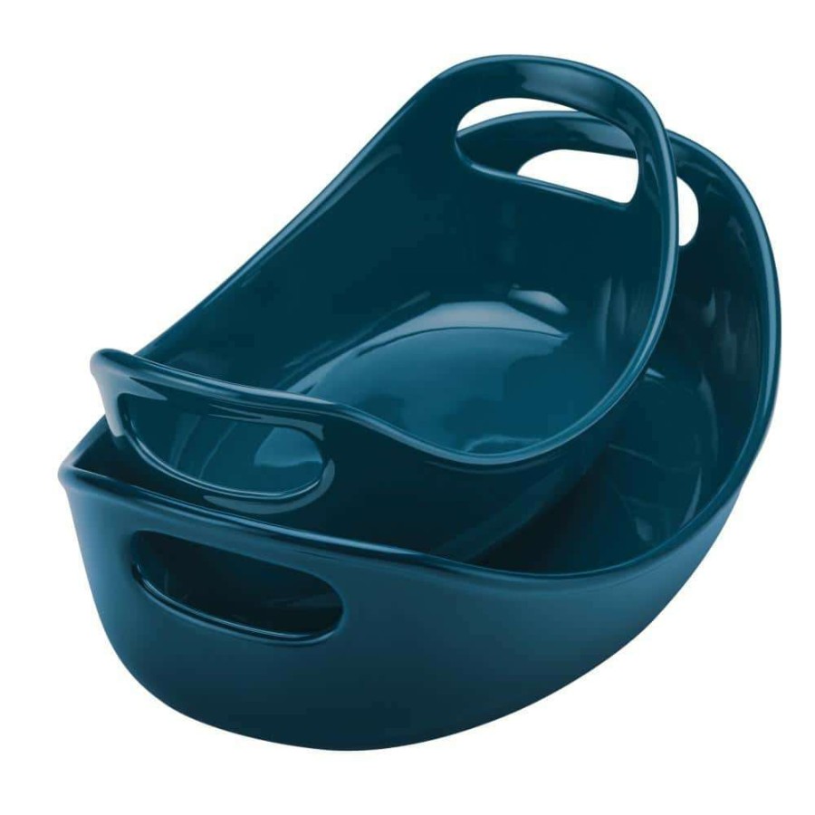 Baking Dishes * | Ceramics 2-Piece Marine Blue Bubble And Brown Oval Baker Set By Rachael Ray